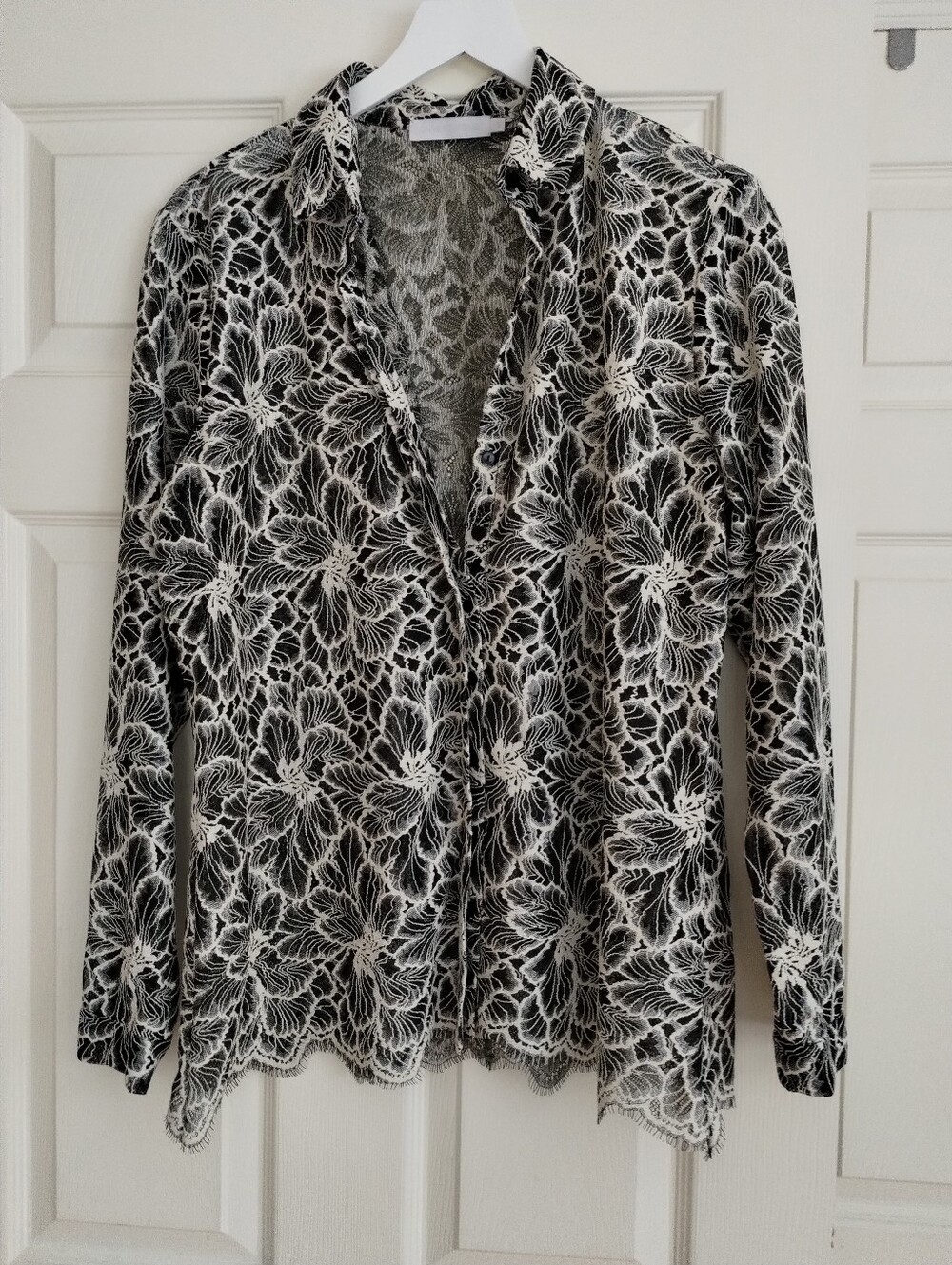 Anne Fontaine Black and White Floral Lace-Trim Button Down Shirt Small